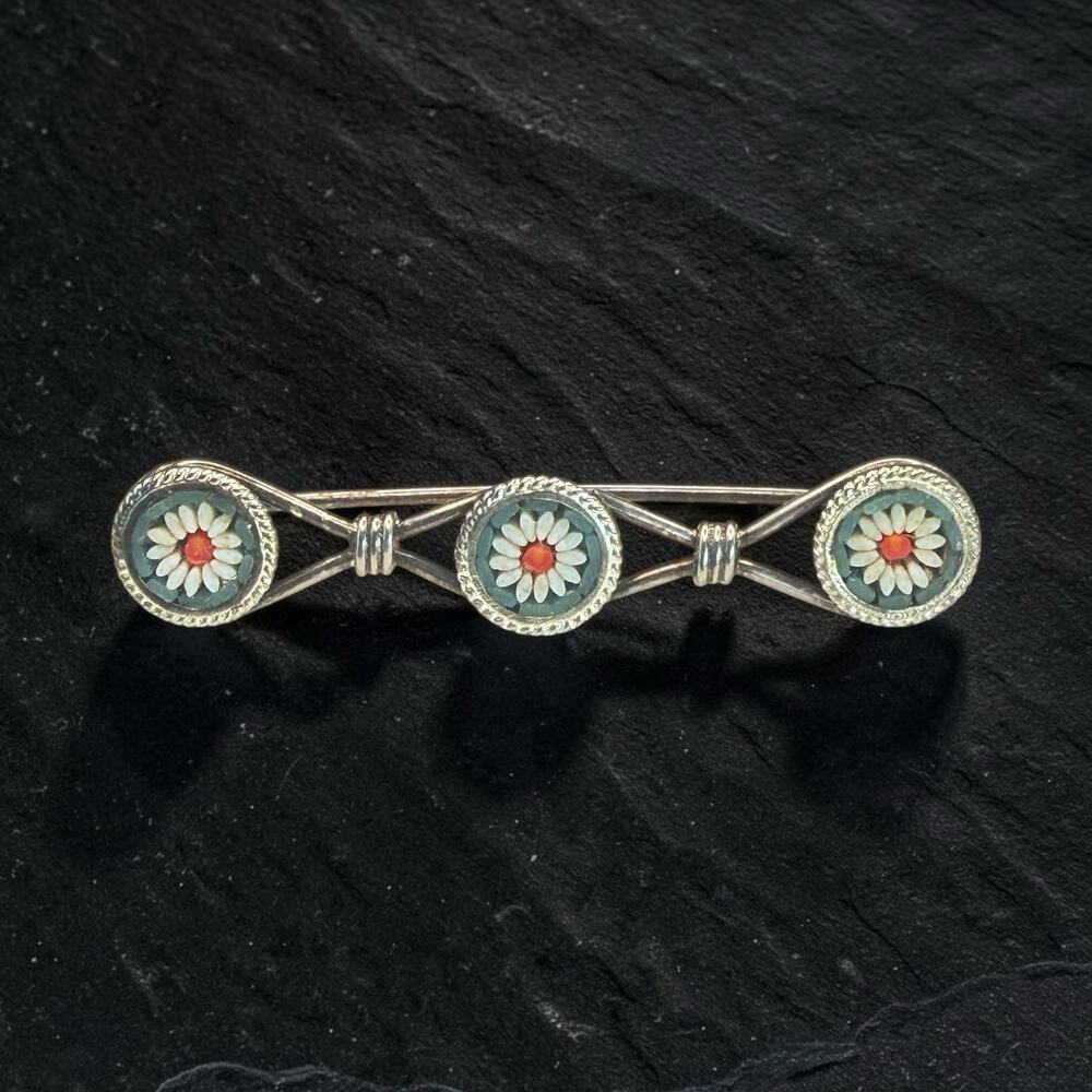 Vintage Brandimarte Italian 800 Silver Micro Mosaic Bar Pin Brooch Floral Daisy